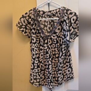 Express Black and Tan Flutter Short Sleeve Semi Sheer Beaded Neckline Blouse